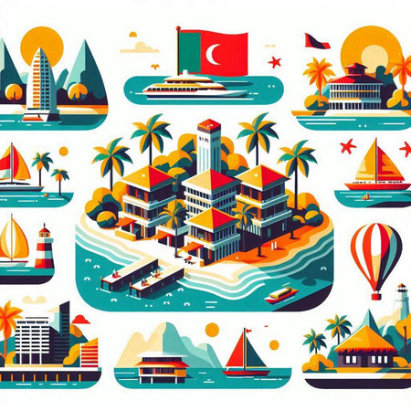 Flat icons set with famous tourist attractions of Maldives vector illustrationのイラスト素材