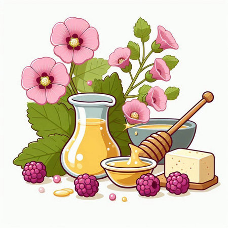 Honey in glass jar, honey dipper, honeycombs, raspberries, honeycombs and pink flowers. Vector illustration.のイラスト素材