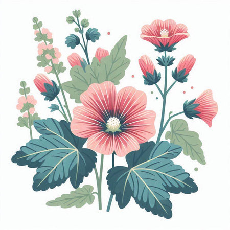 Hollyhock flowers with leaves. Vector illustration in vintage style.のイラスト素材
