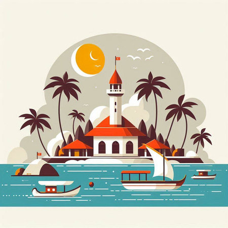Tropical island with lighthouse and sailboat. Vector illustration.のイラスト素材
