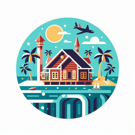 Vector illustration in flat style. House on the seashore.のイラスト素材