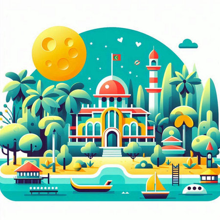 Tropical island with palms, boats and mosque. Vector illustrationのイラスト素材