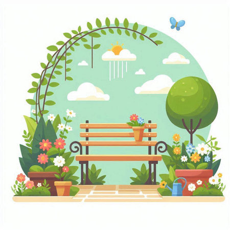 Vector illustration of a bench in the garden with flowers and plants.のイラスト素材