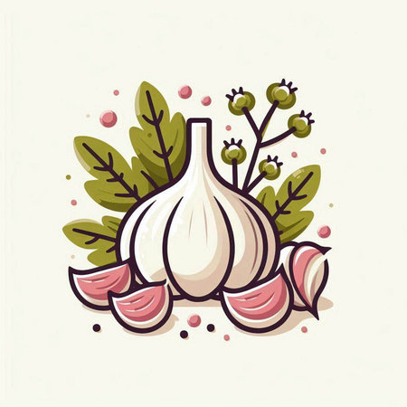 Garlic vector icon. Vector illustration of garlic with leaves and spices.のイラスト素材