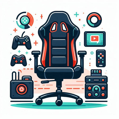 Futuristic office chair with gaming equipment. Vector illustration in flat styleのイラスト素材