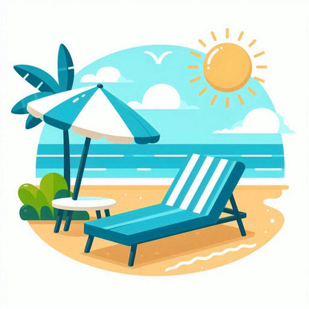 Beach chair and sun lounger on the beach. Vector illustrationのイラスト素材