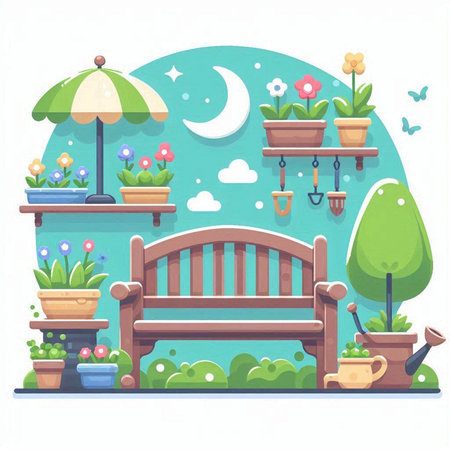 Wooden bench in the garden. Flat style vector illustration on white background.のイラスト素材