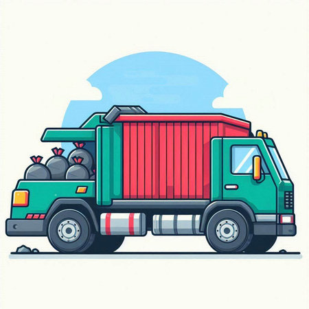 Illustration of a garbage truck full of garbage. Vector illustration.のイラスト素材