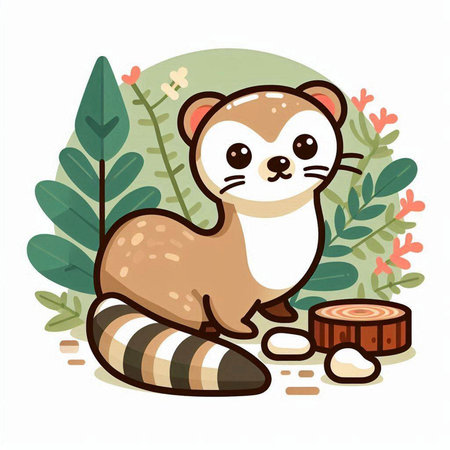 Cute raccoon sitting on a log in the forest. Vector illustration.のイラスト素材