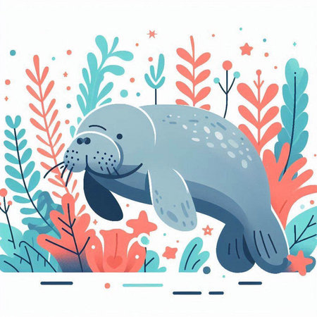 Cute seal on the background of the sea and algae. Vector illustration.のイラスト素材