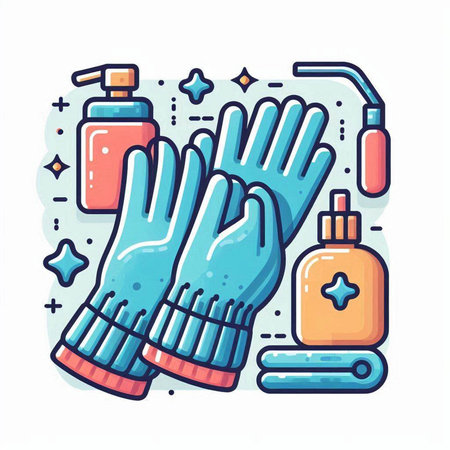 Hand in rubber gloves with hygiene products. Vector illustration in line art style.のイラスト素材