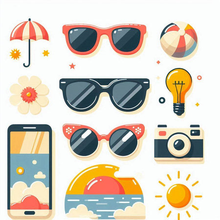 Set of summer icons in flat style. Sunglasses, camera, beach ball, sun, cloud, umbrella. Vector illustrationのイラスト素材