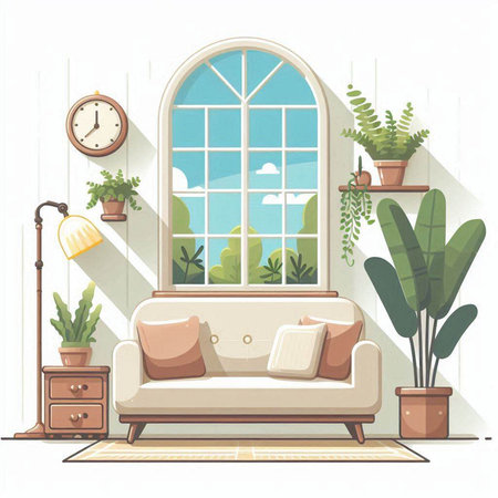 Living room interior with window, sofa and plants. Vector illustration.のイラスト素材