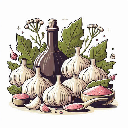 Garlic and spices, sketch for your design. Vector illustration.のイラスト素材