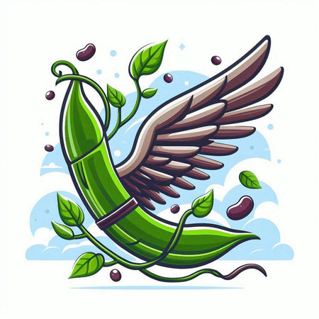 Vector illustration of green pea pod with wings and leafs.のイラスト素材