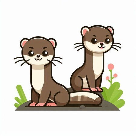 Cute ferret couple sitting on the ground. Vector illustration.のイラスト素材