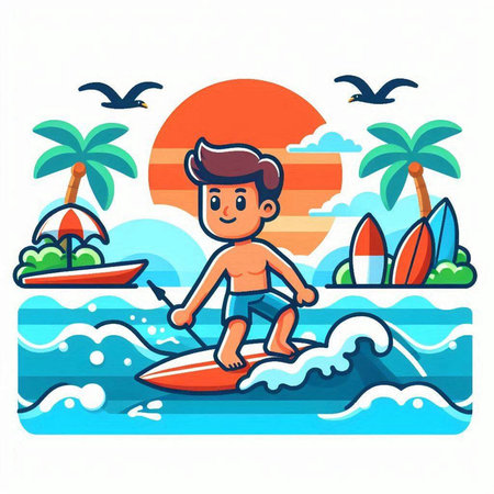 Cartoon surfer boy on the surfboard. Vector illustration.のイラスト素材