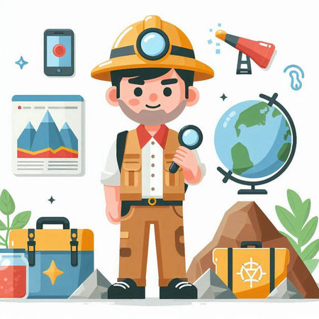 Vector illustration of a miner with a magnifying glass. Flat style.のイラスト素材