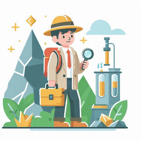 Tourist with backpack and magnifying glass. Vector illustration in flat styleのイラスト素材