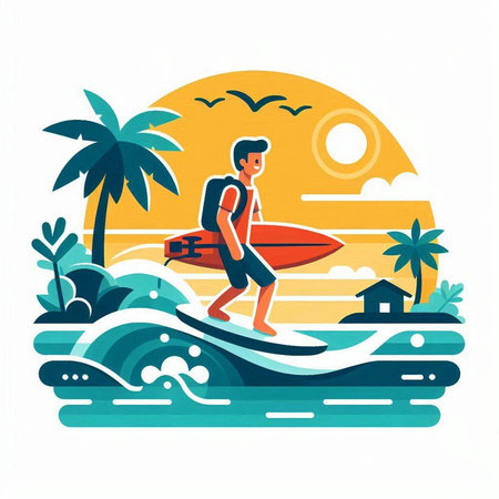 Surfer on the beach with surfboard. Vector illustration in flat styleのイラスト素材