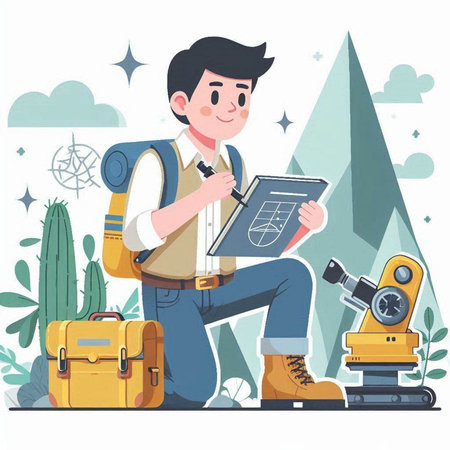 Traveler man with backpack, map and microscope. Vector illustration.のイラスト素材