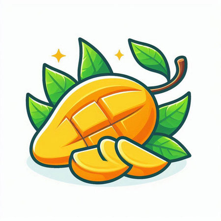 Mango fruit with leaves on white background. Vector cartoon illustration.のイラスト素材
