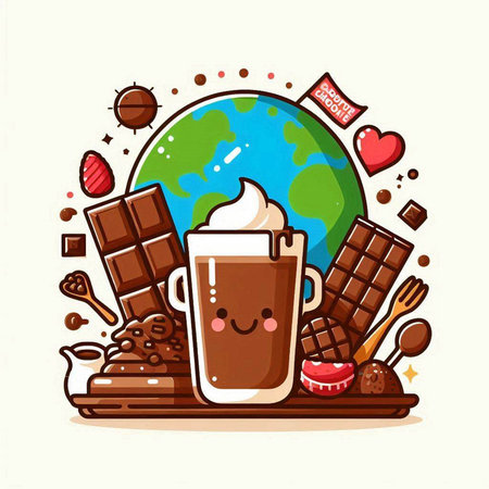 Coffee cup and chocolate in the world. Vector illustration.のイラスト素材