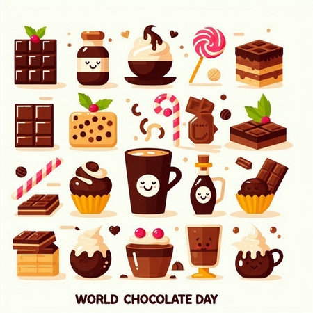 Vector set of chocolate desserts and sweets in flat style. Chocolate, caramel, cupcake, candieshmallowshmallow, macaroons.のイラスト素材