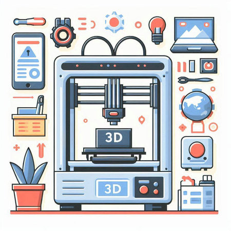 3D printer in flat line style. Modern technology. Vector illustrationのイラスト素材