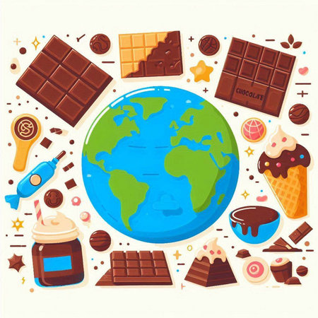 Chocolate background with world map and sweets. Flat style vector illustration.のイラスト素材