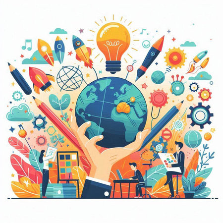 Hand holding globe with rocket and lightbulb. Vector illustration.のイラスト素材