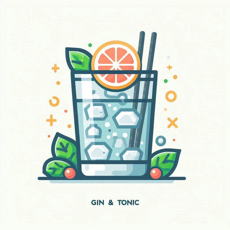 Gin and tonic. Vector illustration in flat linear style.のイラスト素材