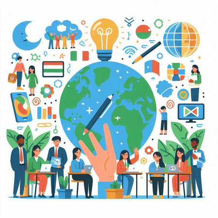 Flat design modern vector illustration concept of online education, distance learning, webinar, video conference, webinar.のイラスト素材