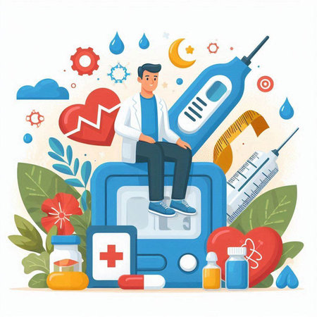 Doctor sitting on digital thermometer. Medical equipment. Vector illustration in flat styleのイラスト素材