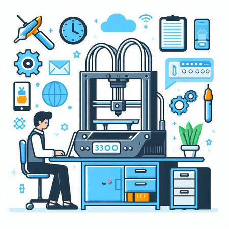 3D printer working on a white background. Modern vector illustration.のイラスト素材