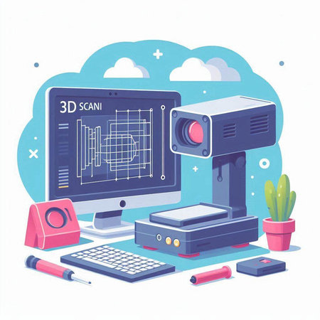 Vector illustration of 3D printer, computer monitor, video camera and accessoriesのイラスト素材