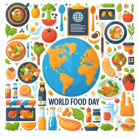 World food day poster with food icons and world map vector illustration.のイラスト素材