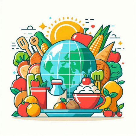 World food day concept. Vector illustration in flat line style with icons of food and planet.のイラスト素材