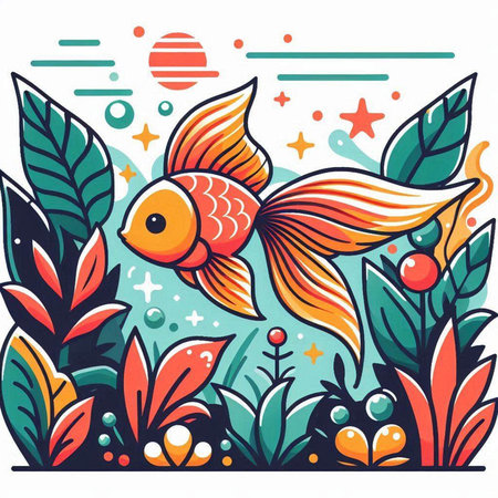 Vector illustration of a goldfish swimming in the sea surrounded by plants.のイラスト素材