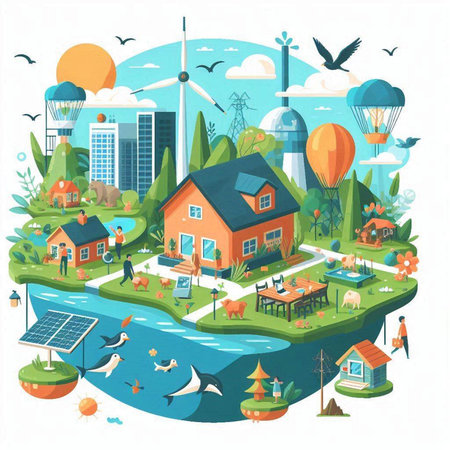 Ecology concept. Eco-friendly city. Vector illustration in cartoon styleのイラスト素材