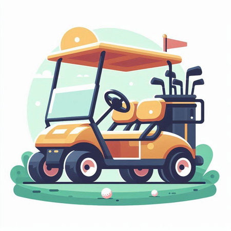 Golf cart on the golf course. Vector illustration in cartoon style.のイラスト素材