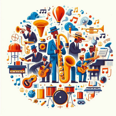 Musical instruments round composition with musicians and instruments in flat style isolated vector illustrationのイラスト素材