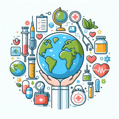 Vector illustration in flat line style with planet earth, medical icons.のイラスト素材