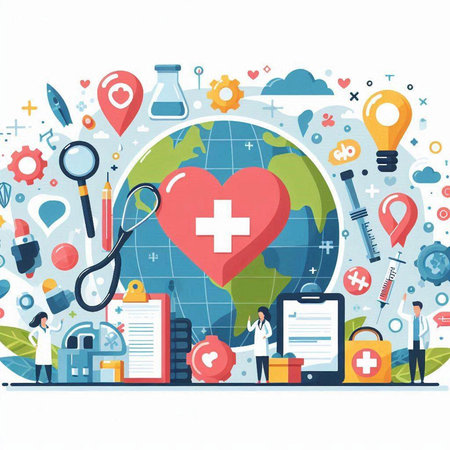 Flat design vector illustration concept of global healthcare and medical services.のイラスト素材