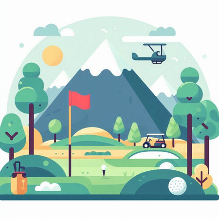Vector illustration of mountain landscape with road, trees, car, binoculars and flag.のイラスト素材