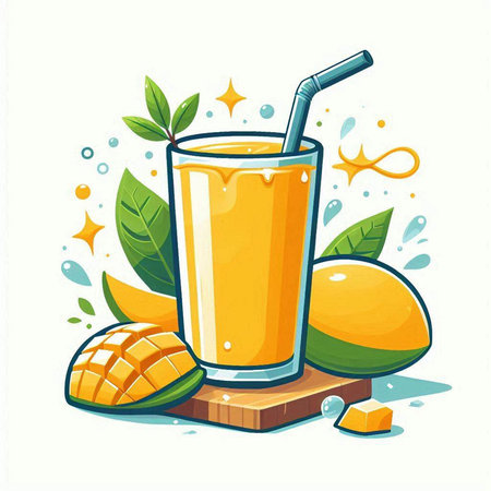 Mango juice in a glass with a straw. Vector illustration.のイラスト素材