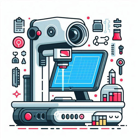Vector illustration in flat line style with computer monitor, video camera and scientific equipment.のイラスト素材