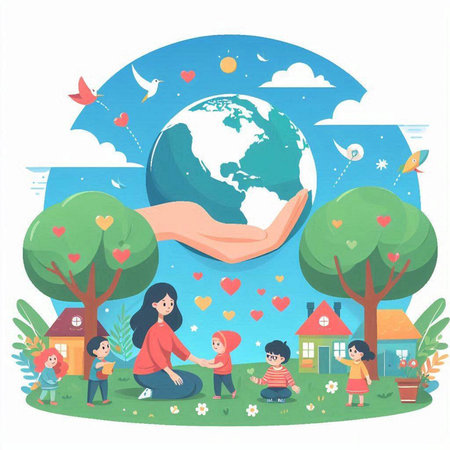 Happy family with children and globe in the garden. Vector illustration.のイラスト素材
