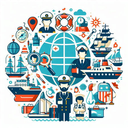 Navigation and maritime icons set in circle shape. Vector illustration.のイラスト素材