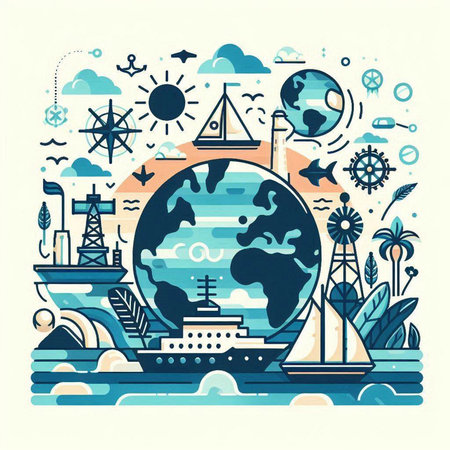 Vector illustration of sea travel with ship, cruise ship, windmill, solar panels, steering wheel, seagulls, palm trees, wind turbines.のイラスト素材